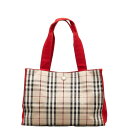 バーバリー ノバチェック ハンドバッグ トートバッグ ベージュ レッド キャンバス レディース BURBERRY 【中古】