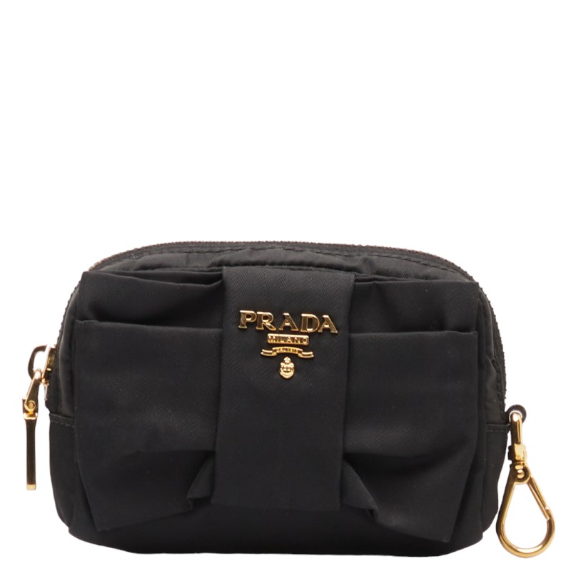 楽天【銀座パリス】　楽天市場店プラダ リボン ポーチ 1NF727 ブラック ゴールド ナイロン レディース PRADA 【中古】