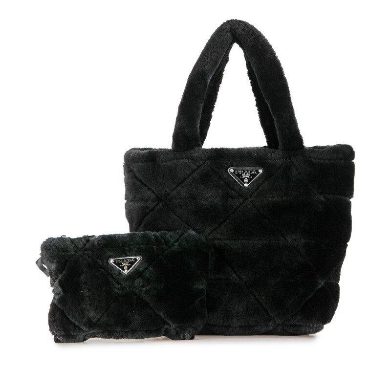 プラダ 三角ロゴプレート キルティング ムートン ハンドバッグ 1BG378 ブラック シープファー レディース PRADA 【中古】のサムネイル