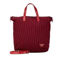 プラダ 三角ロゴプレート ストライプ ハンドバッグ ショルダーバッグ 2WAY レッド ブラック コットン レザー レディース PRADA 【中古】(4)