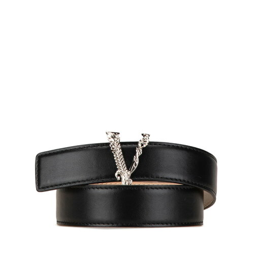ヴェルサーチェ ヴィルトス Vロゴ ベルト 55/22 ブラック シルバー レザー レディース VERSACE 【中古】 ヴェルサーチェ ヴィルトス Vロゴ ベルト 55/22 ブラック シルバー レザー レディース VERSACE 【中古】
