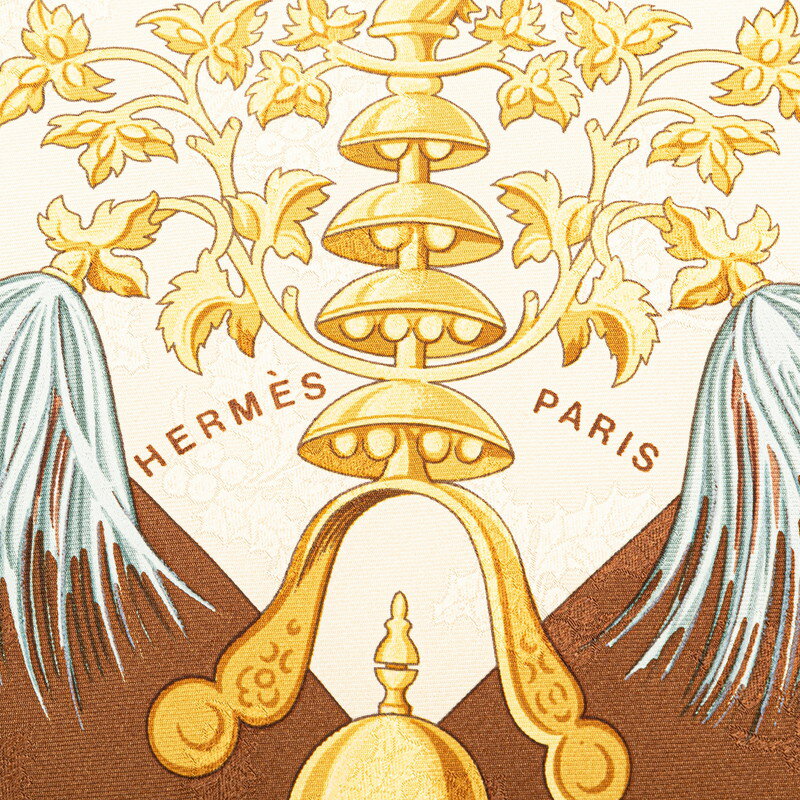 エルメス カレ90 Plumes et Grelots 羽飾りと鈴 スカーフ ベージュ ブラウン シルク レディース HERMES 【中古】