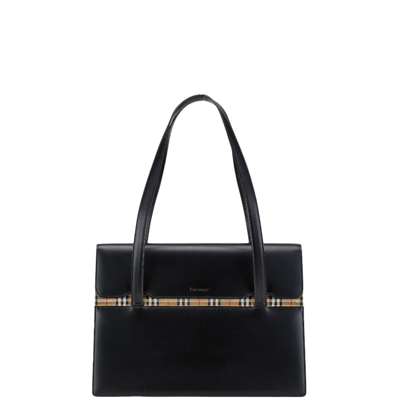 バーバリー ノバチェック シャドーホース トートバッグ ブラック レザー キャンバス レディース BURBERRY 【中古】