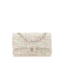 シャネル マトラッセ25 ココマーク ダブルフラップ シルバー金具 チェーン ショルダーバッグ ピンク ホワイト マルチカラー ツイード レザー レディース CHANEL 【中古】