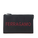 サルヴァトーレフェラガモ ロゴスタッズ クラッチバッグ ポーチ 24A121 ブラック レッド カーフレザー レディース Salvatore Ferragamo 【中古】