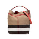 バーバリー チェック ボーダー ショルダーバッグ ハンドバッグ 2WAY ブラウン レッド キャンバス レザー レディース BURBERRY 【中古】