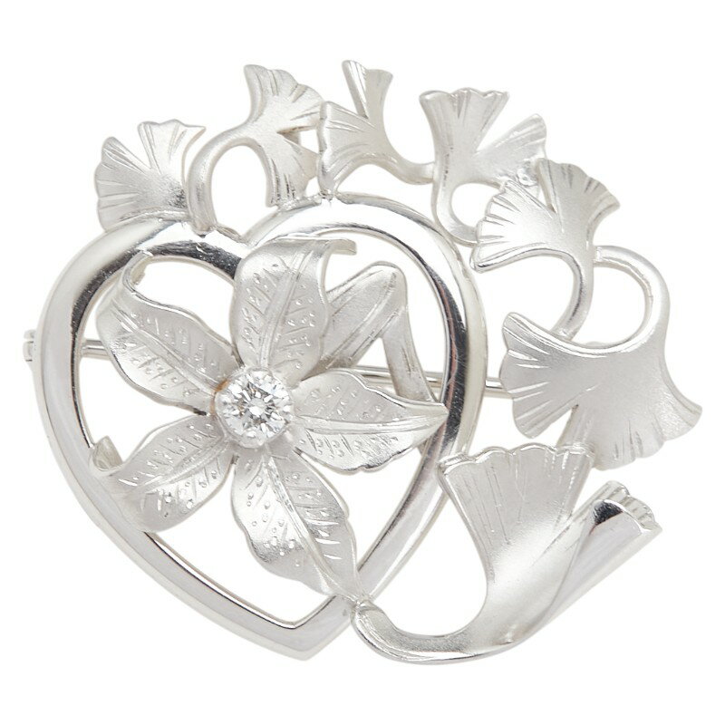 K14WG ホワイトゴールド ダイヤ0.10ct ハート フラワー モチーフ ブローチ レディース 【中古】