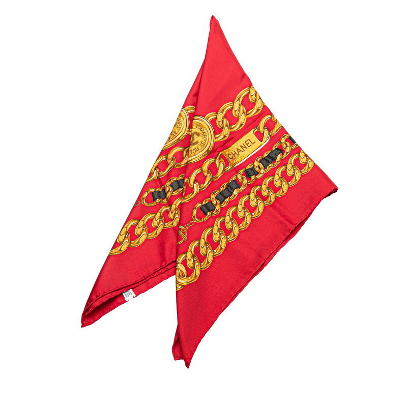 美品　シャネル シルク　レッド　チェーン柄　スカーフ　ストール　ヴィンテージ 美品 シャネル シルク レッド チェーン柄 スカーフ ストール