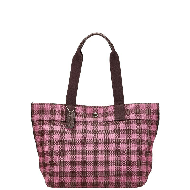 コーチ ギンガムチェック ショルダーバッグ トートバッグ ピンク ボルドー キャンバス レザー レディース COACH 【中古】