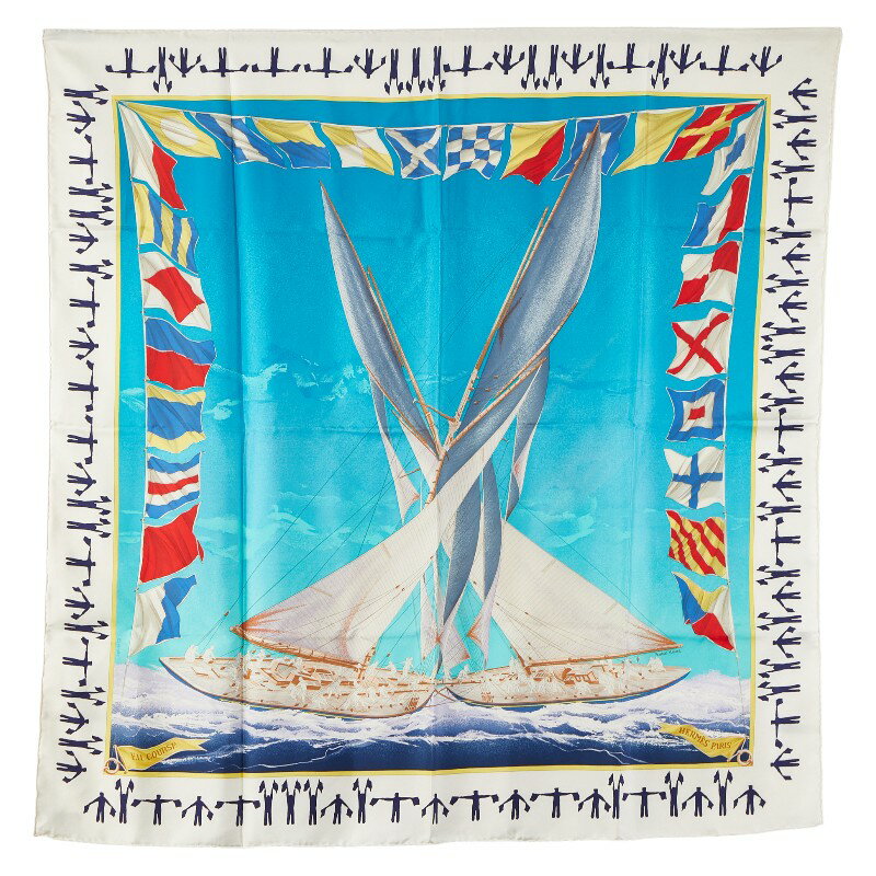 エルメス カレ90 EN COURSE ヨット スカーフ ホワイト マルチカラー シルク レディース HERMES 【中古】