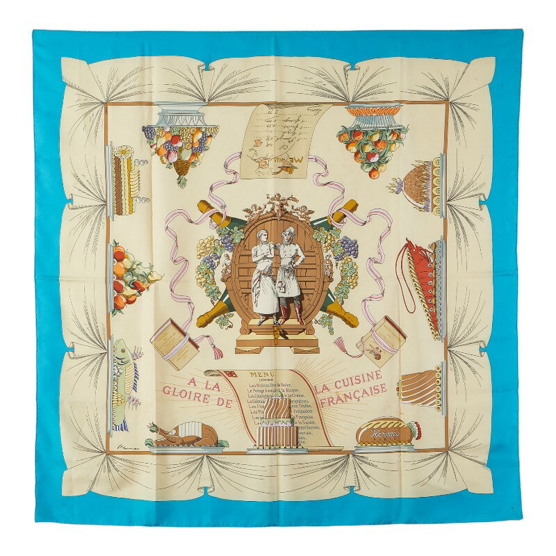 エルメス カレ90 A LA GLOIRE DE LA CUISINE FRANCAISE フランス料理を讃えて スカーフ ブルー ベージ..