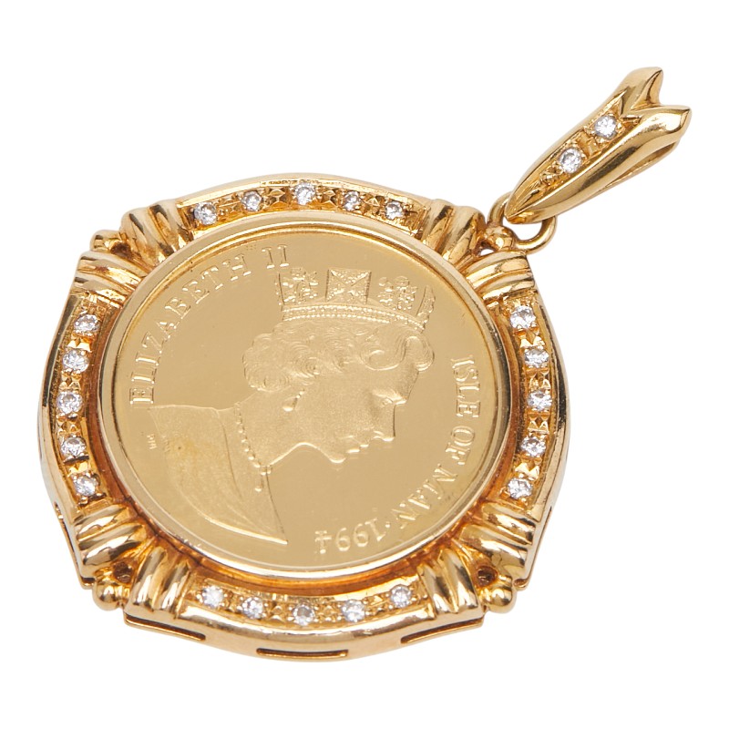 K24 ゴールド K18YG イエローゴールド ダイヤ0.22ct エリザベス2世 マン島キャットコイン ペンダントトップ レディース 【中古】