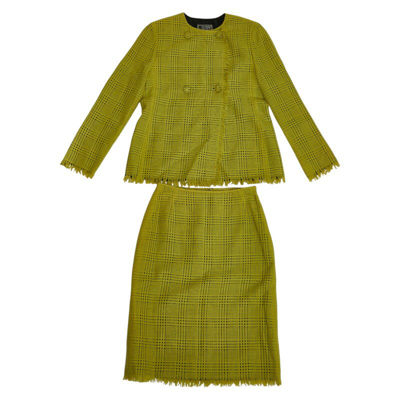 ヴェルサーチェ スカートスーツ セットアップ サイズ:40 イエロー ブラック ウール アンゴラ レディー..