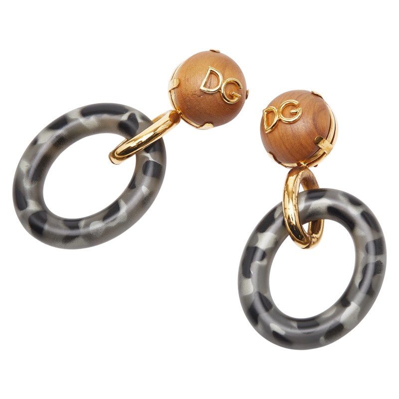 ドルチェアンドガッバーナ DGロゴ フープ スウェイング カモフラ イヤリング ゴールド グレー ウッド プラスチック メッキ レディース DOLCE&GABBANA 【中古】