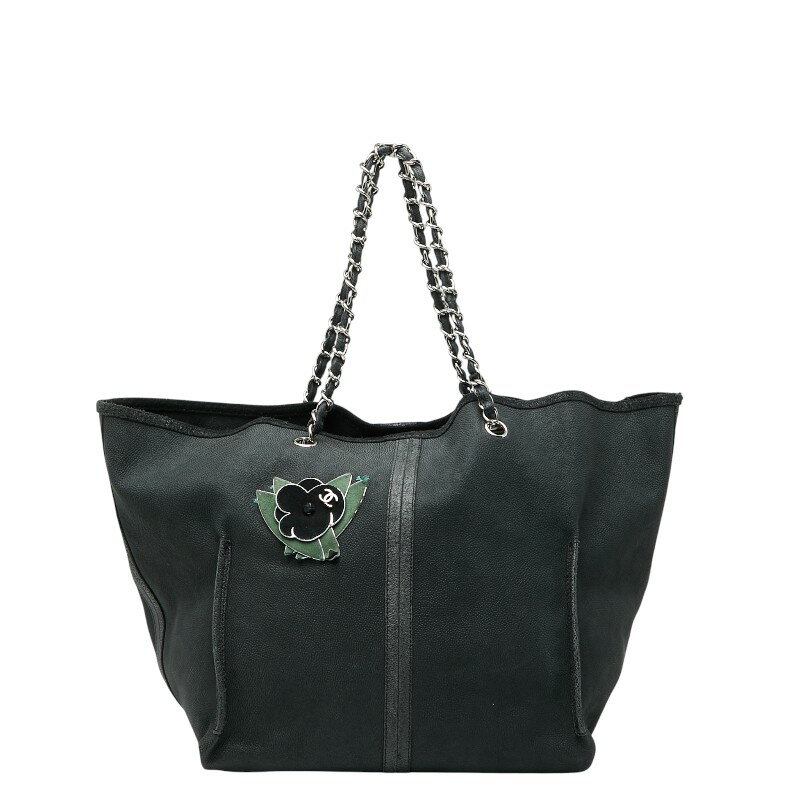 シャネル カメリア チェーントートバッグ ブラック グリーン キャビアスキン レディース CHANEL 【中古】