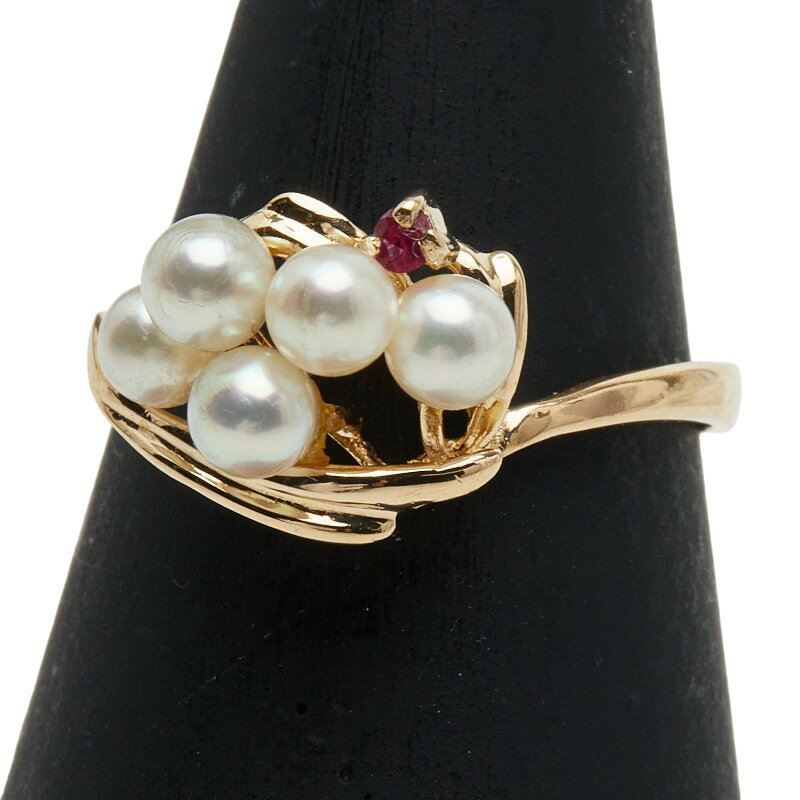 K18YG イエローゴールド アコヤパール ルビー リング 指輪 レディース 10.5号 【中古】