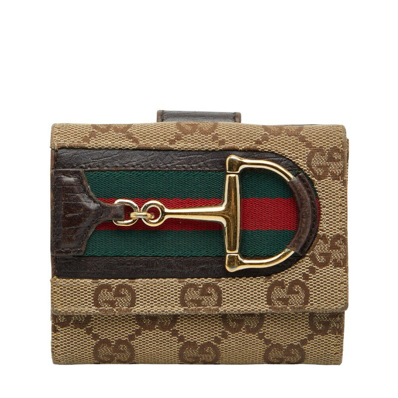 グッチ GGキャンバス ホースビット シェリーライン 二つ折り財布 138031 ブラウン キャンバス レザー レディース GUCCI 【中古】