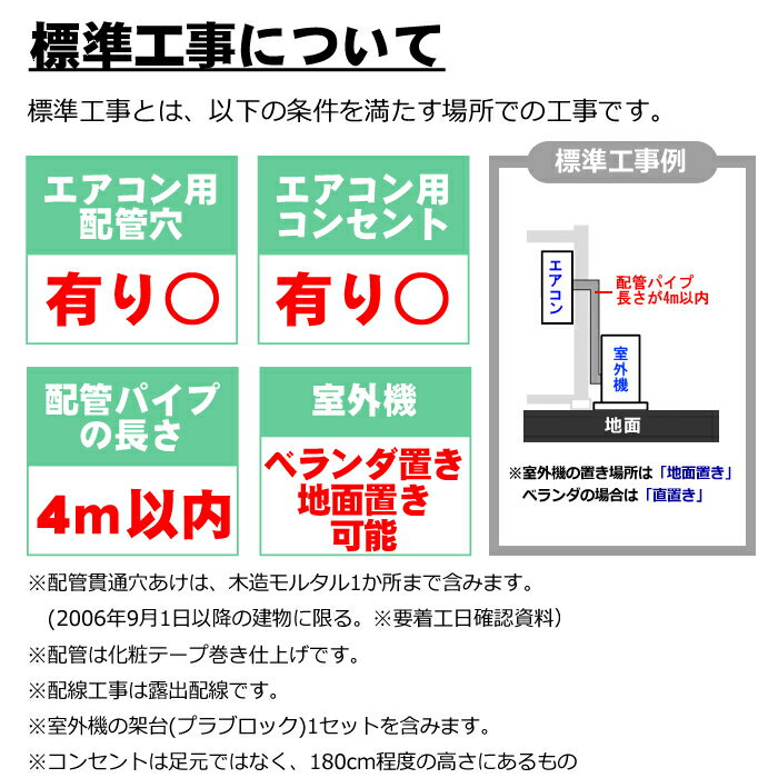 【うるさら限定】エアコン 新規取付標準工事 冷房能力5.0から6.2kwまで「商品到着後翌日以降」（取り外し・リサイクルは別途）【KK9N0D18P】 2