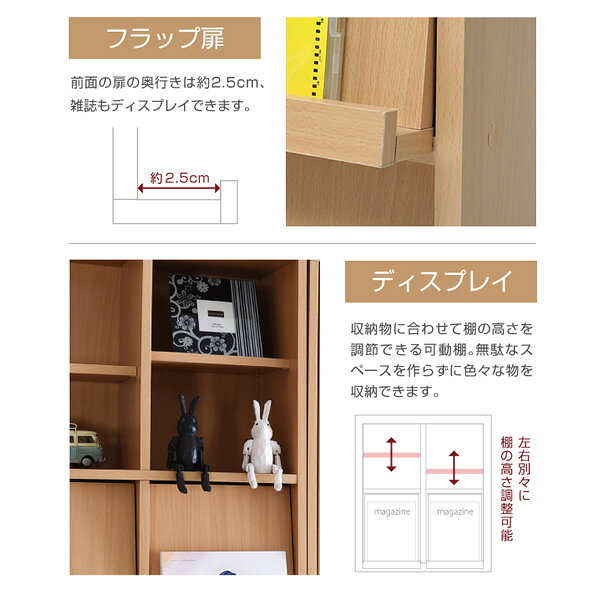 ディスプレイラック フラップ2枚扉 オープン 収納 本棚 組み合わせ家具 木製 ナチ...