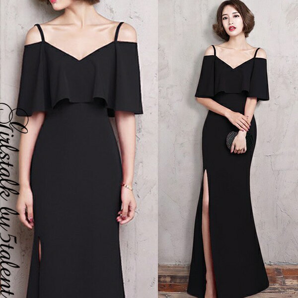 ロングドレス　演奏会　黒　華奢見せ★両面Vカットx二の腕まで隠れるオフショルダースリーブ♪美しいマーメイドラインの正統派♪発表会や舞台にも【キャバドレス 演奏会 カラオケ ステージ 衣装 キャバクラ ドレス フリル 激安 格安 ストレッチ M 体型カバー 人気】