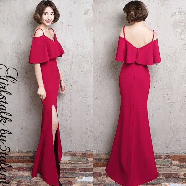 ロングドレス　演奏会　黒　華奢見せ★両面Vカットx二の腕まで隠れるオフショルダースリーブ♪美しいマーメイドラインの正統派♪発表会や舞台にも【キャバドレス 演奏会 カラオケ ステージ 衣装 キャバクラ ドレス フリル 激安 格安 ストレッチ M 体型カバー 人気】