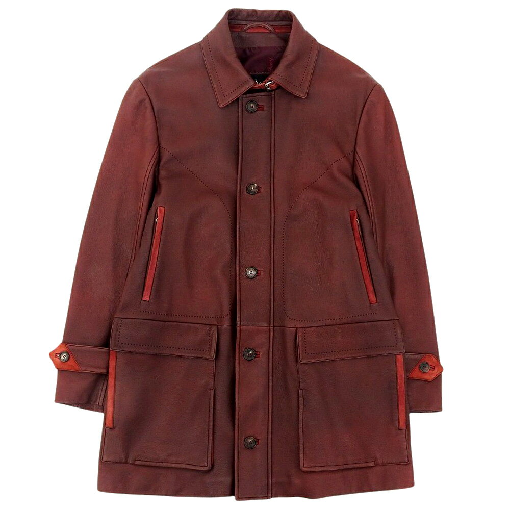 【中古】 超美品 ブリオーニ Brioni 最高峰 フルグレインレザー スエード シルクライナー カーコート ジャケット 50 L ボルド 襟脱着可 メンズ 超...