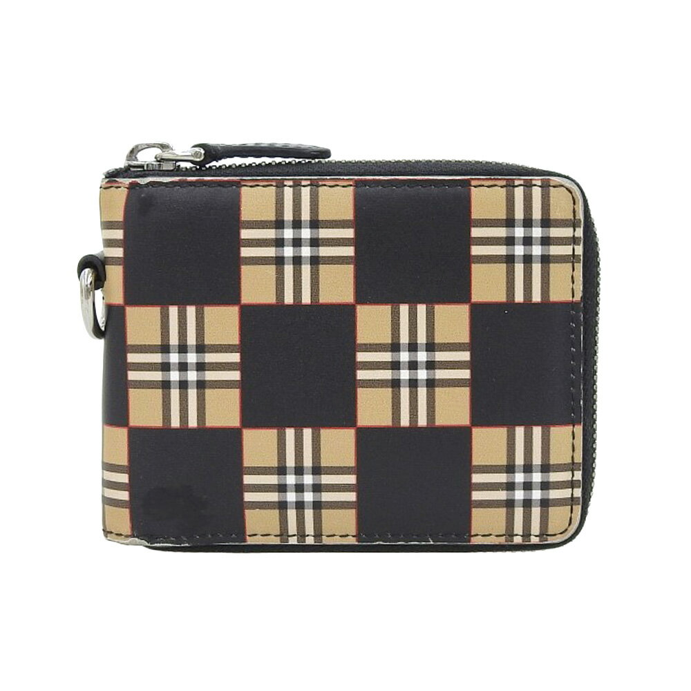 楽天スーパーセール！【中古】良品 箱付 バーバリー BURBERRY 8030794 A7026 レザー ダニエルズ チェッカー ラウンド ジップ 二つ折り 財布 小銭入れ メンズ 定価66000円