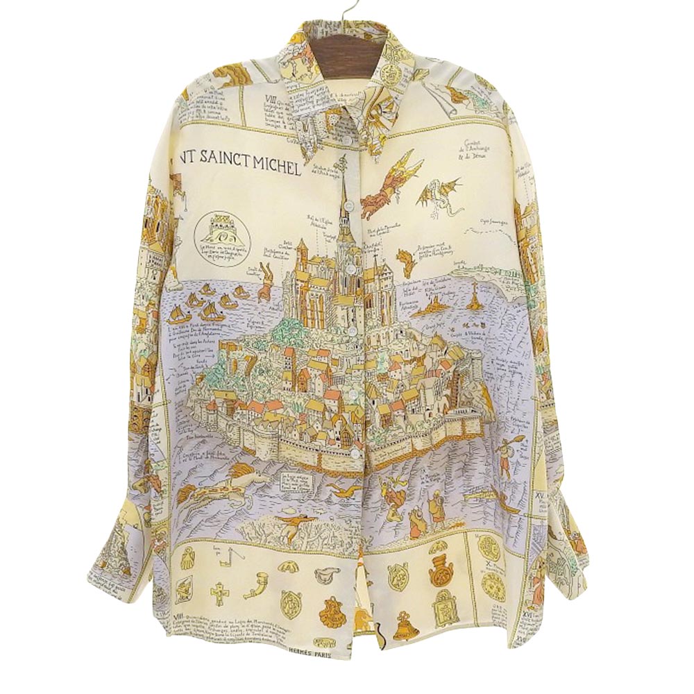 楽天スーパーセール！【中古】超美品 エルメス 激レア 80年代ヴィンテージ Mont Saint Michel モンサンミッシェル シルク100% ブラウス 長袖 シャツ 42 スカーフ