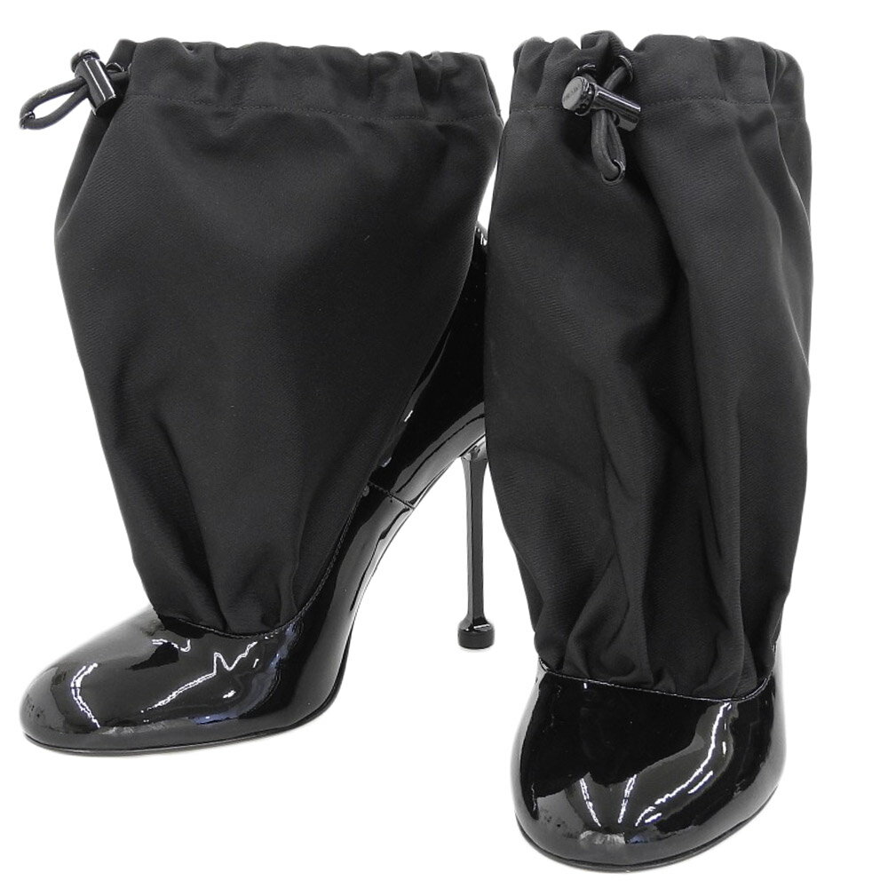 楽天スーパーセール！【中古】未使用 箱付 プラダ PRADA 2018年商品 1T1221 パテント レザー ナイロン カバード パンプス ハイヒール ブーツ 22.5-23cm 36 黒 レディースのサムネイル
