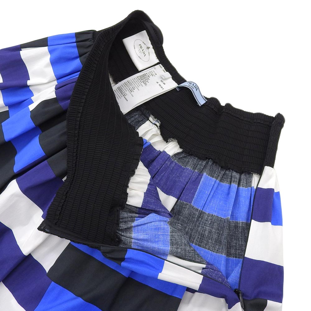 【中古】 プラダ PRADA 現行青タグ ストレッチコットン モザイク柄 ひざ丈フレア スカート 36 レディース ウエストゴム