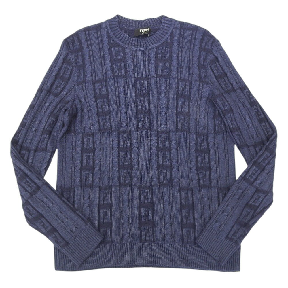 【中古】 超美品 フェンディ FENDI 2024年商品 サマーウール ズッカ柄 クルーネック ニット 48 メンズ ネイビー 24AW