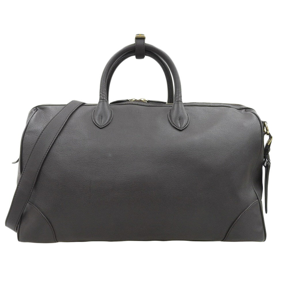【中古】 美品 ラルフローレン RALPH LAUREN 現行タグ 高級 フルグレインレザー 2way ショルダー クロスボディ ボストン バッグ 茶 メンズ ...
