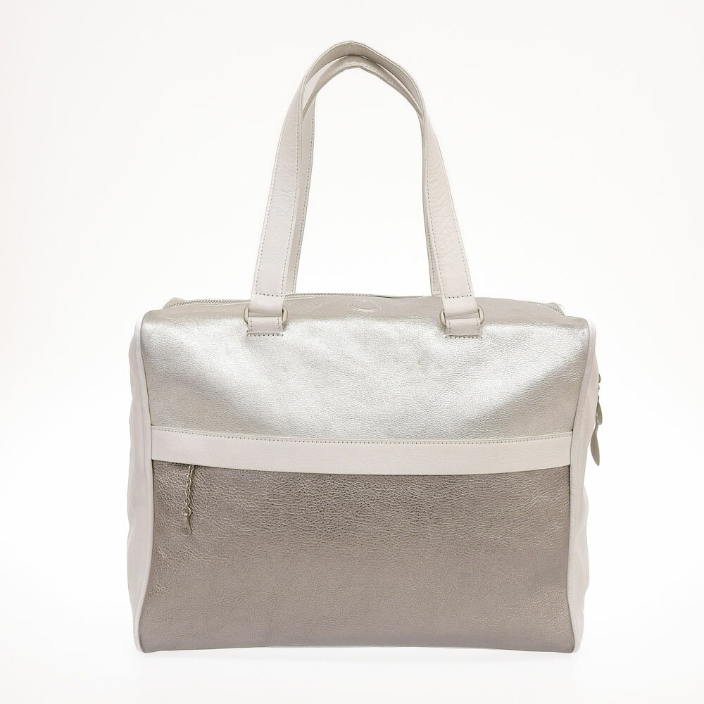 楽天スーパーセール！【中古】 超美品 ヒロコハヤシ HIROKO HAYASHI 現行商品 FOGLIO フォーリオ レザー 2way ショルダー トート ボストン ハンドバッグ 箔銀白 レディース 定価74800円