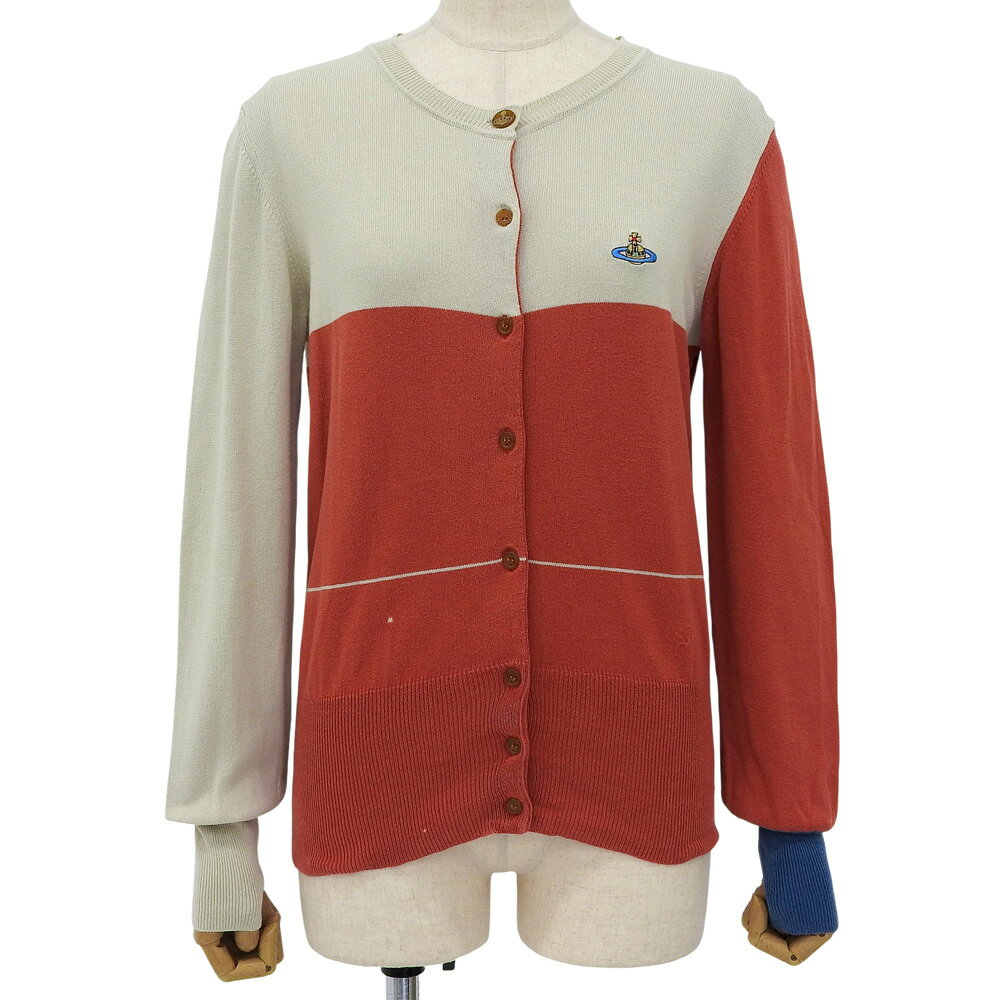 乐天商城 - 【中古】 美品 ヴィヴィアンウエストウッド レッドレーベル Vivienne Westwood Red Label イタリア製 100％コットン バイカラー ニットカーディガン オーブ刺繍あり サイズL