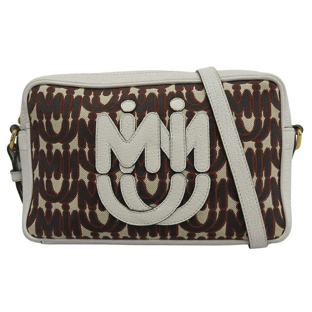 乐天商城 - 新着【中古】 超美品 ミュウミュウ MIUMIU 5BH116 MiuMiuロゴ総柄 ジャガードキャンバス×レザー ショルダーバッグ ホワイト