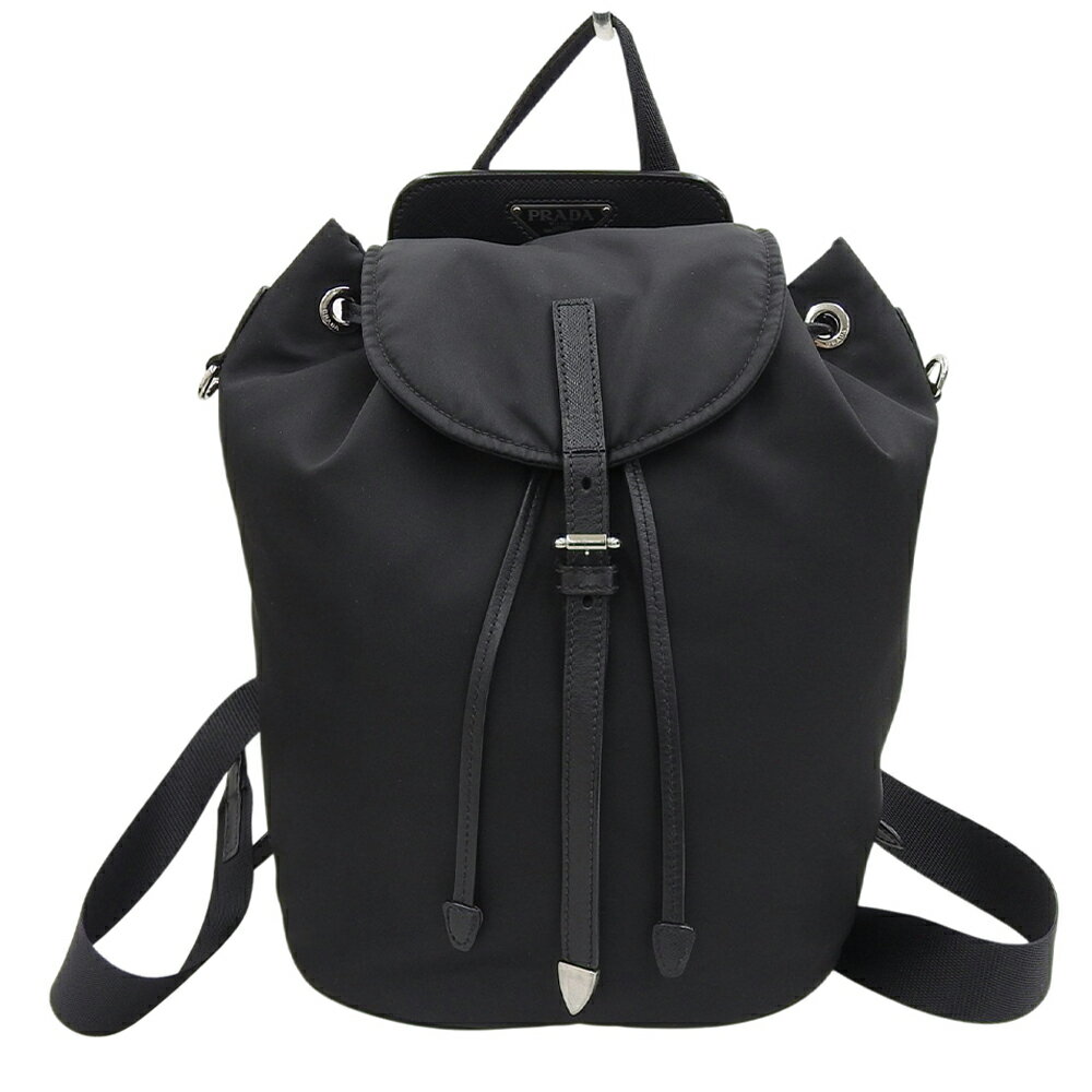 乐天商城 - 新着【中古】 超美品 プラダ PRADA 現行 1BZ064 三角プレート サフィアーノレザー×ポコノナイロン バックパック リュック 黒 ブラック