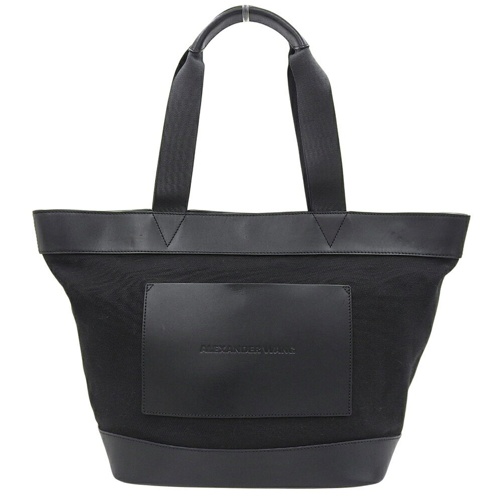 乐天商城 - 新着【中古】 超美品 アレキサンダーワン Alexander Wang 115417 キャンバス × レザー ショルダー トートバッグ ブランドロゴ型押し 肩掛け 黒 ブラック