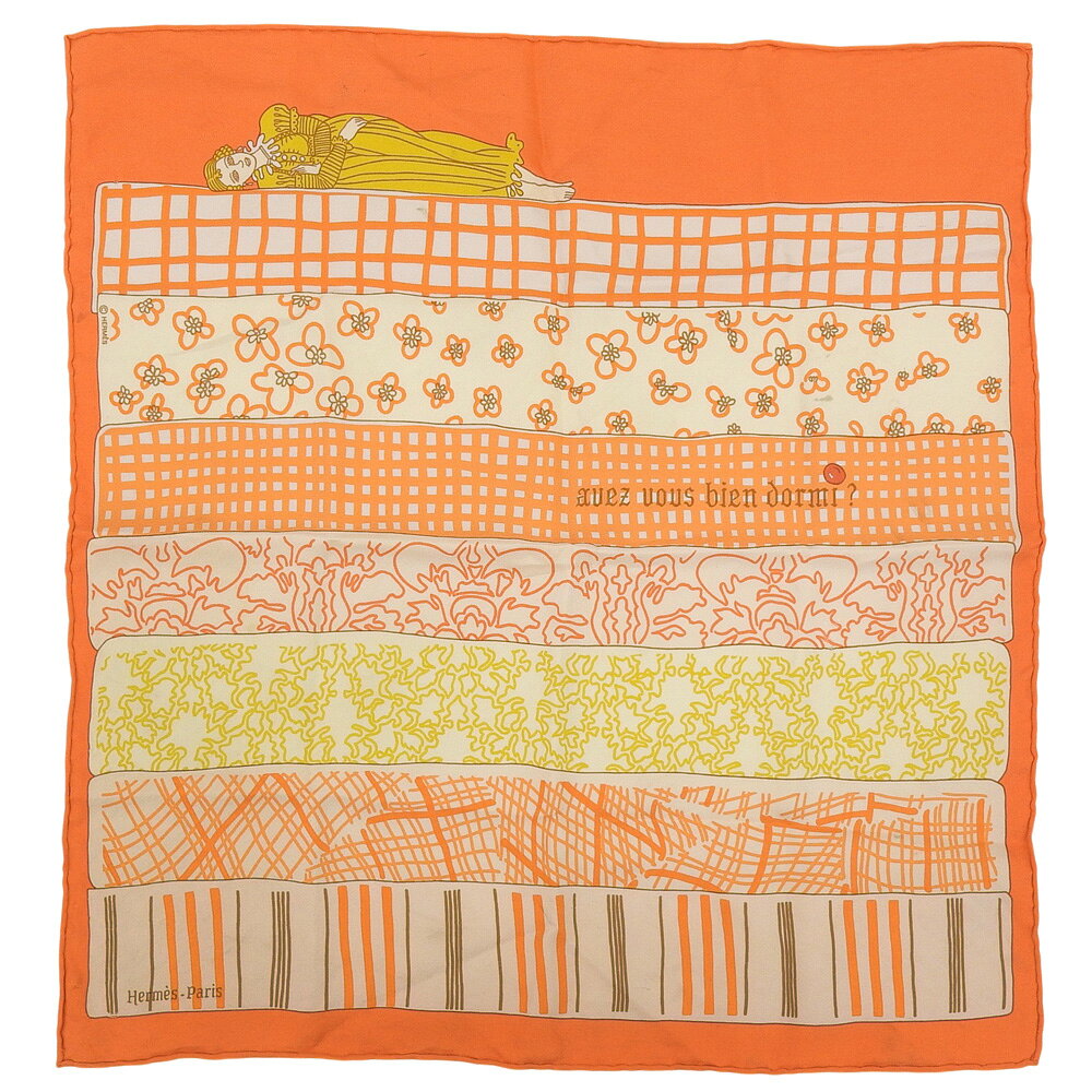 乐天商城 - 新着【中古】 美品 エルメス HERMES プチカレ40 Avez-vous bien dormi ? よく眠れましたか? シルクスカーフ オレンジ イエロー系