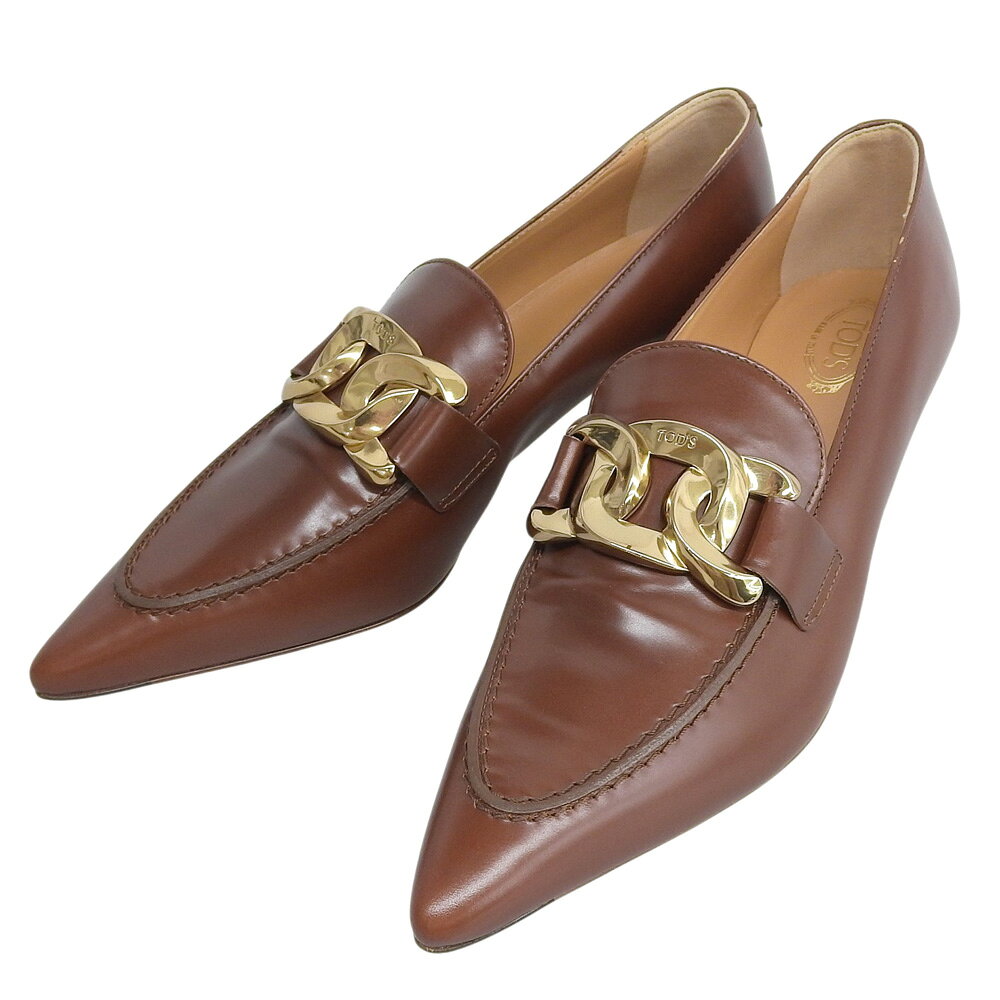 樂天商城 - 新着【中古】 超美品 トッズ TOD’S メタルチェーン ポインテッド パンプス ローファー コーンヒール シューズ ブラウン 袋付き ほぼ未使用 定価115000円