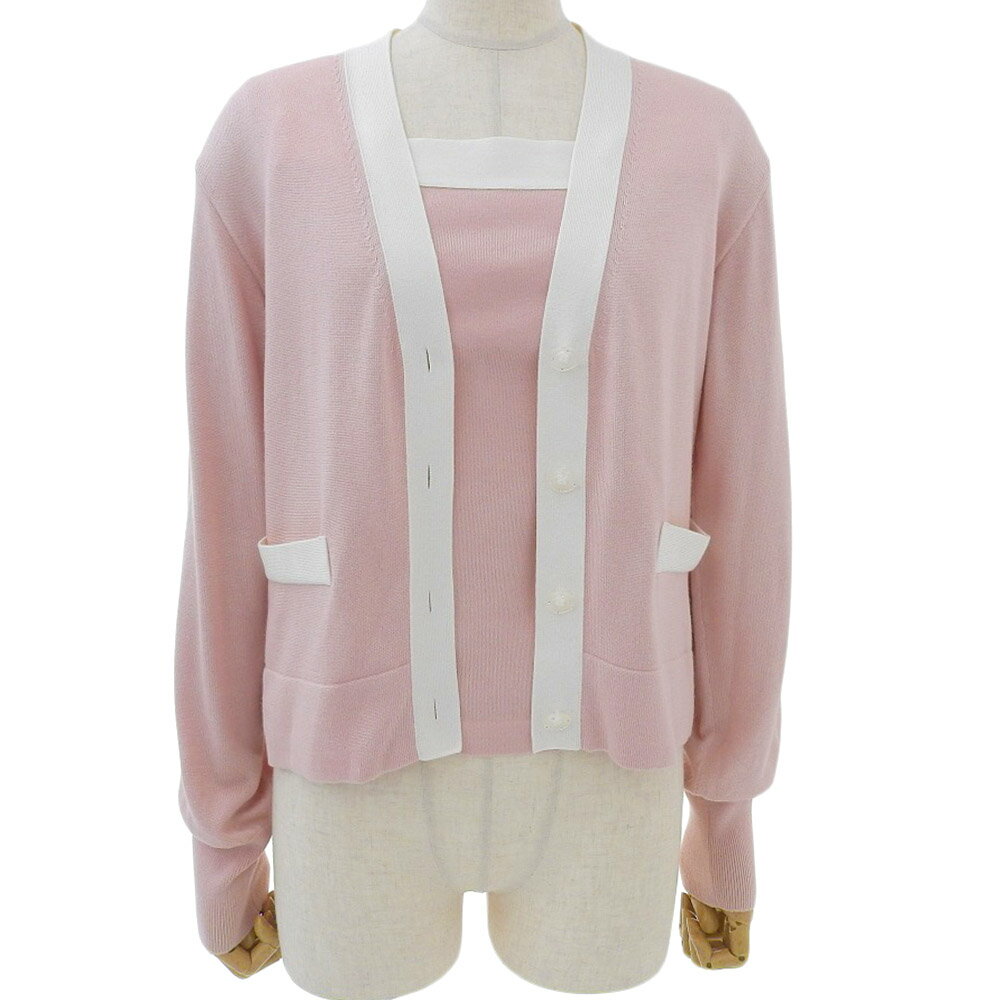 新着【中古】 超美品 フォクシー FOXEY 2022年 42607-KSW CHIARA TWIN バイカラー トリム ニット トップス カーディガン 38 S ピンク 定価129800円 レディース
