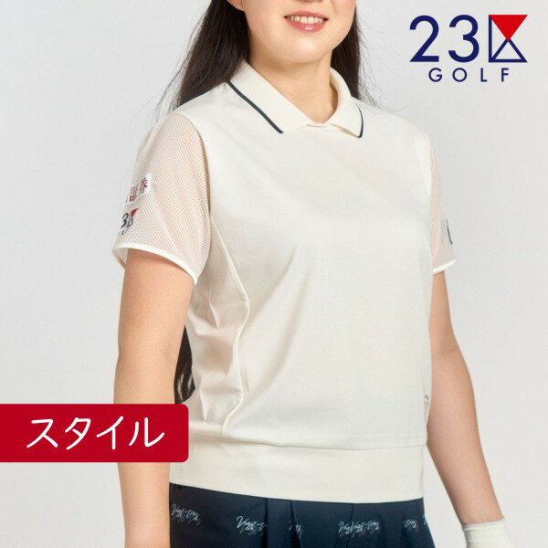 【PREMIUM SALE 30%超OFF】【春のゴルフ応援企画】23区GOLF・レディース【辻梨恵プロ着用】【ストレッチ＝UVケア】通気性抜群！袖メッシュでムレないメッシュスリーブ半袖ポロシャツ【KHVLGM-0518】