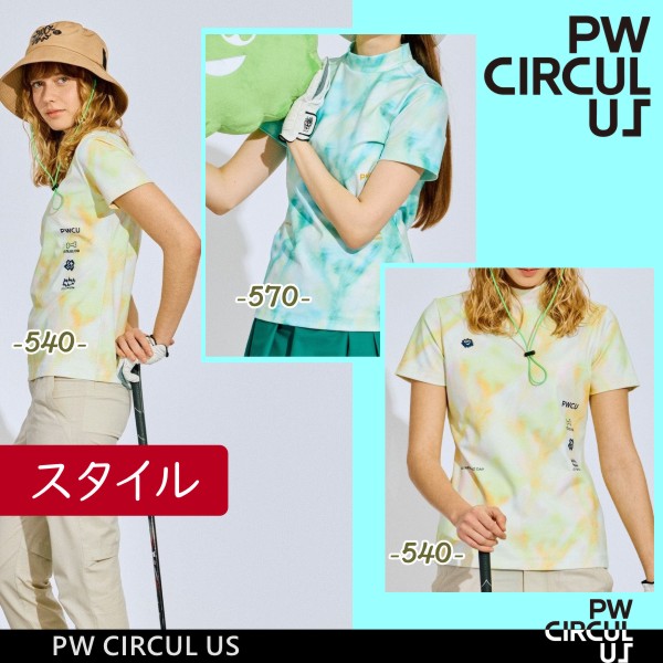 【PREMIUM SALE】【春のゴルフ応援企画】【PW CIRCULUS・ピーダブリュサーキュラス】【吸水速乾＝UVカット(遮蔽率99.5%)＝ストレッチ】レディース　タイダイ柄モックネックTシャツ≪KHPQGM-0528≫【PW-SALE】