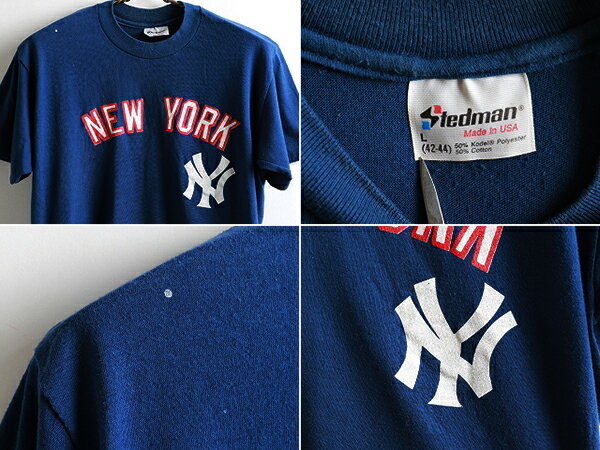 USA製80's■NEW YORKヤンキースSTEDMAN半袖Tシャツ青紺(L)