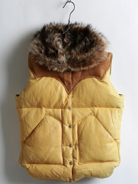 70's ★ Rocky Mountain ロッキー マウンテン ナイロン レザー 切替 ファー ダウン ベスト ( メンズ 男性 XS程 ) 70年代 ビンテ...