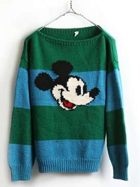 80s■Disney ディズニー オフィシャル HAND KNIT ハンドニット ボーダー 柄 ウール ニット セーター ( レディース M )( メンズ S 程) 古着| 【US古着】【古着】長袖 インナー アウター キャラクター ミッキーマウス オールド ファッション ハンドメイド 古着屋 ユーズドUSED