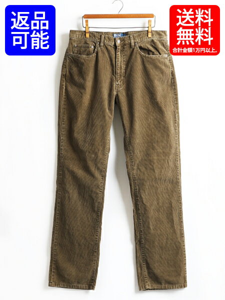 ■ POLO ポロ ラルフローレン 5ポケット細畝 コーデュロイ パンツ (メンズ 男性 34 34) 古着 ストレート ノータック 革パッチ こげ茶 USED| 【US古着】【古着】RALPH LAUREN コーデュロイパンツ タックなし USED ラルフ 中古 本革レザーパッチ ダークブラウン ブラウン