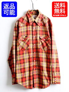 70’s ビンテージ ★ Wrangler ラングラー チャック ウェスタン 長袖 シャツ ( メンズ 男性 L程 ) 70年代 長袖シャツ コットンシャツ 古着| 【US古着】【古着】 USED 中古 チェックシャツ ウエスタンシャツ 赤 レッド オレンジ ブラック トップス ビッグサイズ ヴィンテージ