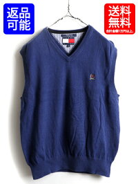 90sオリジナル■TOMMYHILFIGERトミーヒルフィガーVネックコットンニットベスト紺(男性メンズM)古着ワンポイントクレスト|【US古着】90年代オールド中古アメリカ古着トミーコットンベストニットベスト青クレスト刺繍ロイヤルブルー