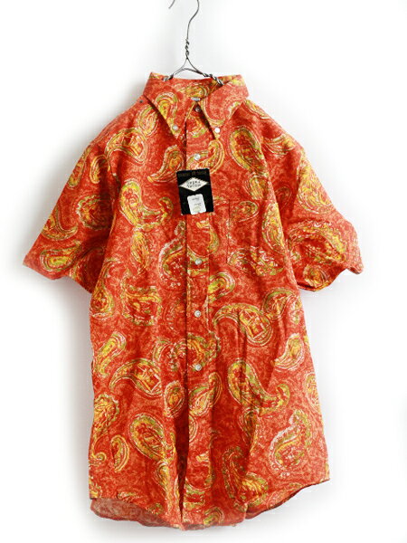 60s デッドストック ★ MODEL PRESS モデルプレス ペイズリー 総柄 ボタンダウン 半袖 シャツ ( メンズ 男性 L程 ) 60年代 ビンテージ 古着| 【USA古着】【古着】中古 半袖シャツ 柄シャツ ボタンダウンシャツ コットンシャツ マルチカラー 未使用 新品 オレンジ トップスのサムネイル