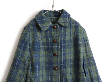 70s ビンテージ ■ Harris Tweed ハリスツイード チェック 襟付き ケープ ( レディース M ) ポンチョ ツイード ヘビー ウール ライナー付き| 中古 70年代 ポケット付き クルミボタン ストール ショートコート マント ブルー グリーン マルチカラー チェック柄 ヴィンテージ